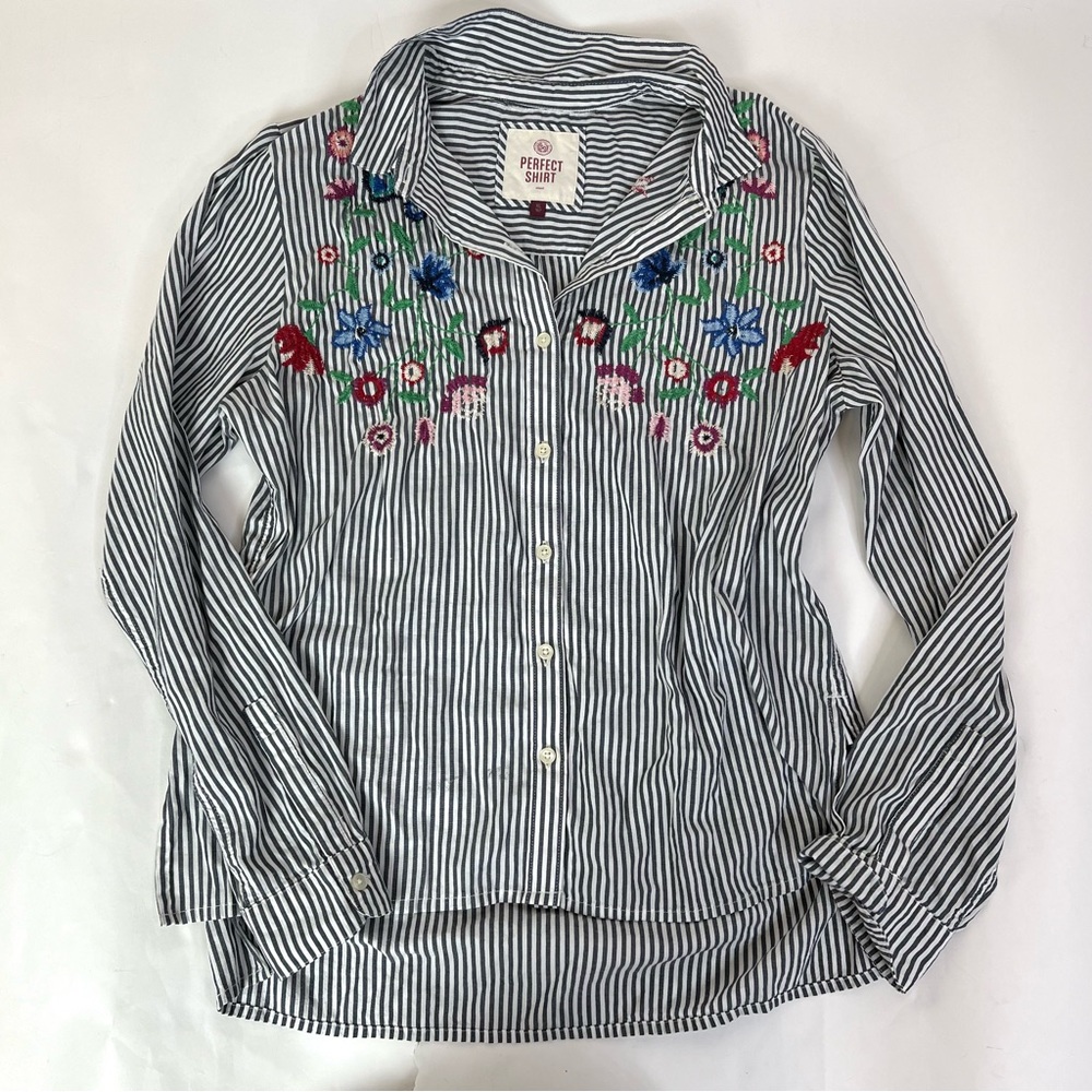 Perfect Shirt Embroidered floral flowers striped Christmas cotton casual XL top